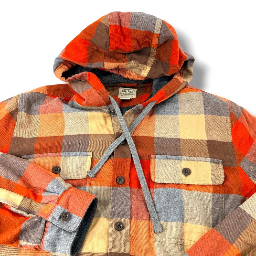 LL Bean Mens Flannel Shirt Jacket Hooded Fleece Lined Plaid Large Tall Outdoorsy